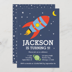 Rocket and Moon Space-themed Birthday  Invitation