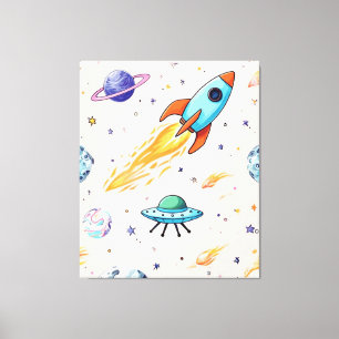 Rocket and UFO Space Pattern Planets, Stars, and Canvas Print