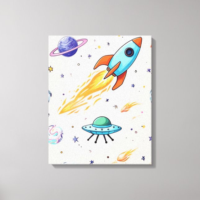 Rocket and UFO Space Pattern | Planets, Stars, and Canvas Print (Front)