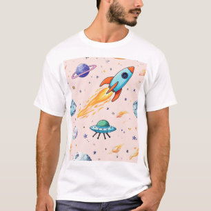 Rocket and UFO Space Pattern Planets, Stars, and T-Shirt