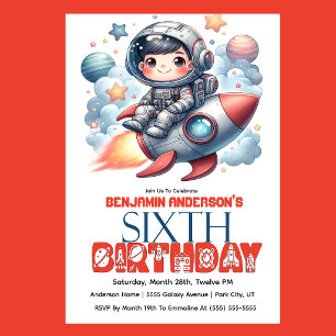 Rocket Astronaut Boy's 6th Birthday Invitation