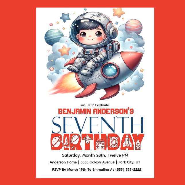 Rocket Astronaut Boy's 7th Birthday Invitation (Space astronaut boy riding rocket 7th birthday party invitation with planets and stars
)
