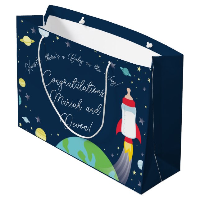Rocket Baby Shower Bottle Spaceship Outer Space Large Gift Bag (Back Angled)