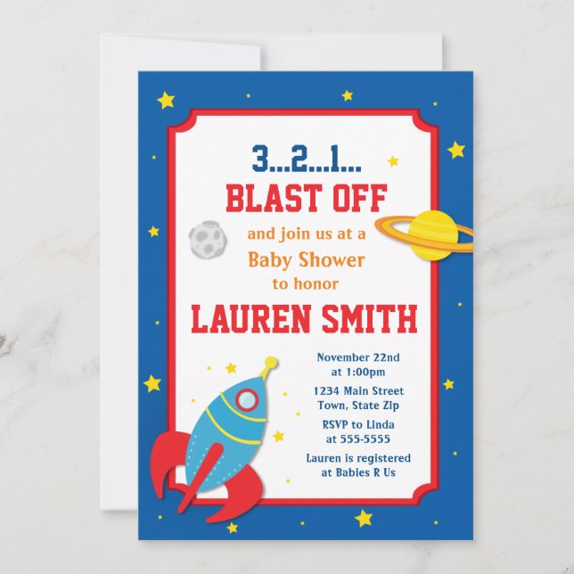 Rocket Baby Shower Invitation Baby Boy Outer Space (Front)