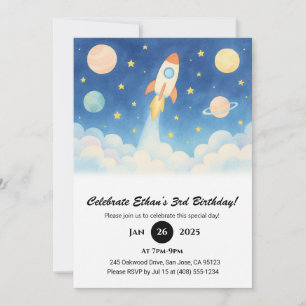 Rocket Blast-Off & Starry Galaxy Birthday  Invitation