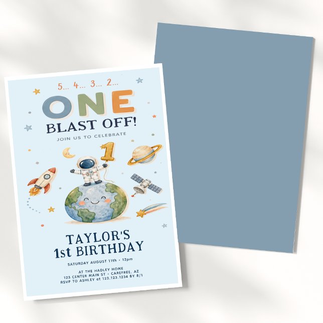 Rocket Countdown Blue 1st Birthday Invitation (Creator Uploaded)