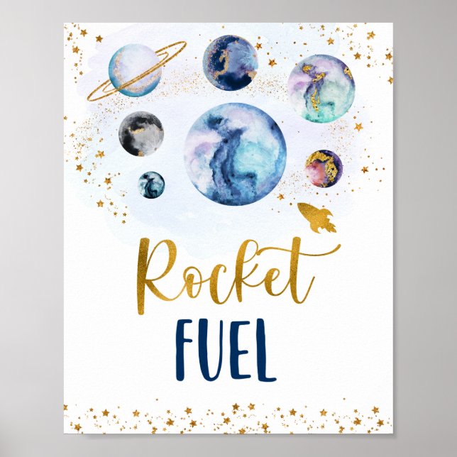Rocket Fuel Galaxy Blue Gold Space Birthday Poster (Front)