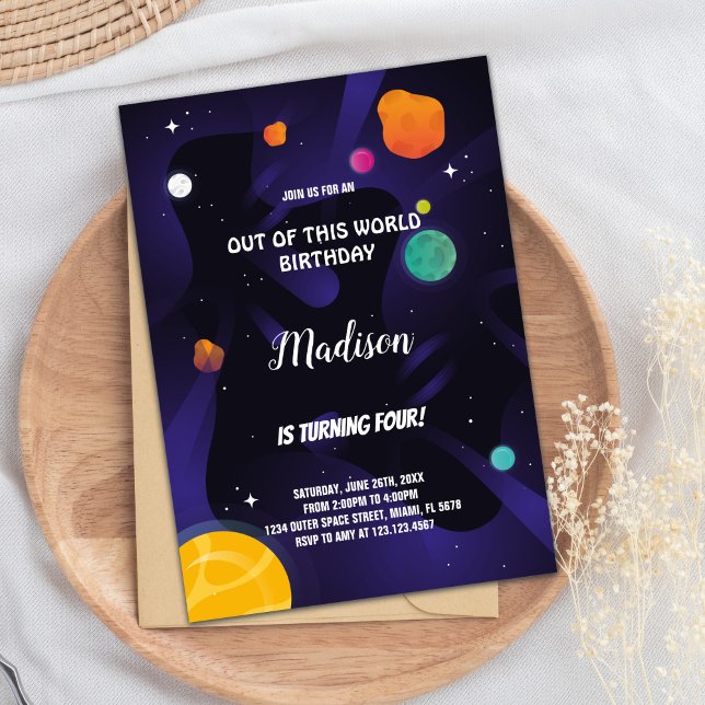 Rocket & Galaxy Theme for Kids Invitation (Black Purple Outer Space Birthday Invitations)