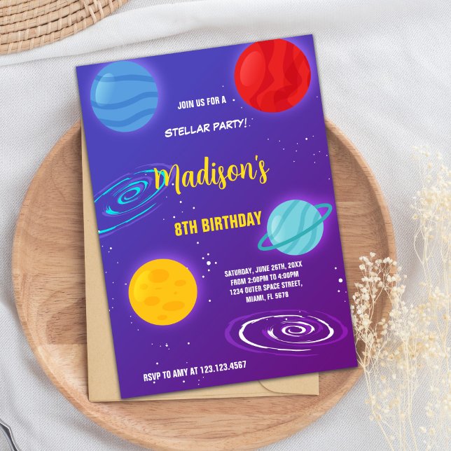 Rocket & Galaxy Theme for Kids Invitation (Purple Outer Space Birthday Invitations)