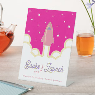 Rocket Launch Books for Baby Pink Pedestal Sign
