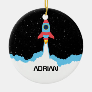 Rocket Launching in Outer Space Custom Name  Ceramic Tree Decoration