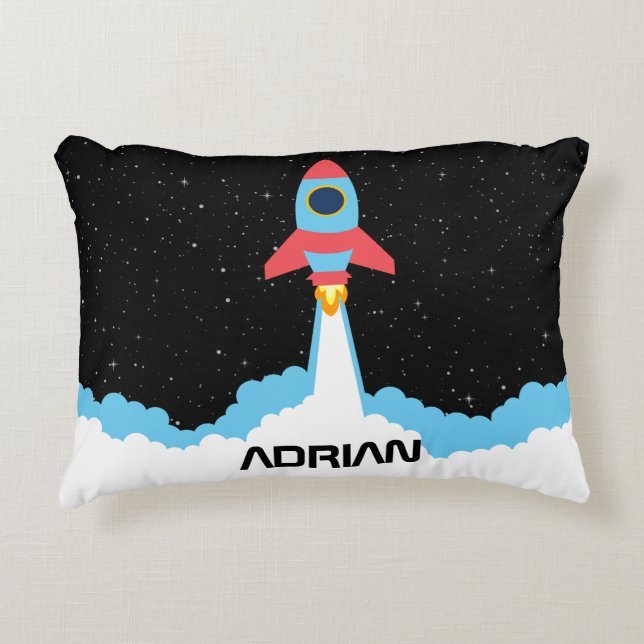 Rocket Launching in Outer Space Custom Name Decorative Cushion (Front)