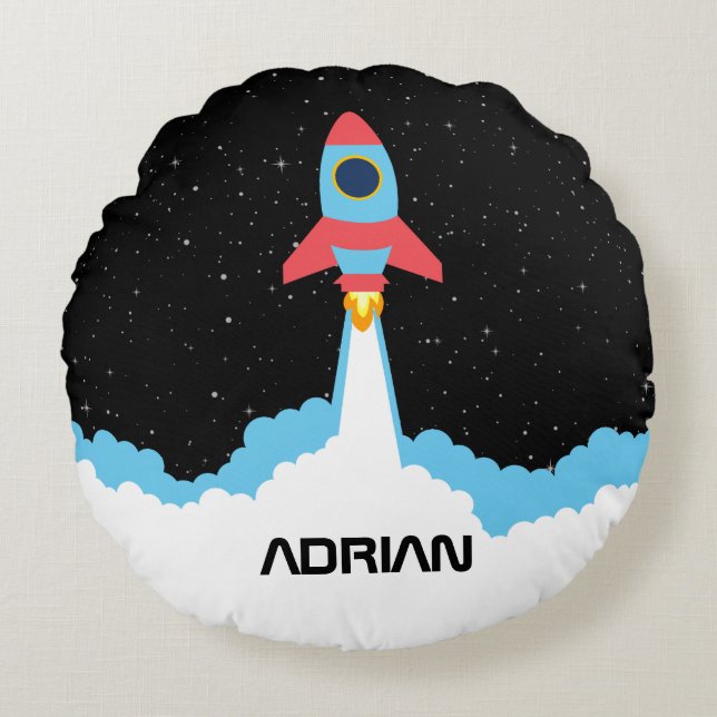 Rocket Launching in Outer Space Custom Name Round Cushion (Front)