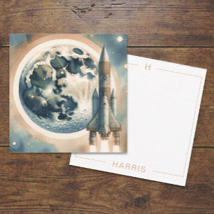 Rocket Moon Space Monogram Flat Note Card