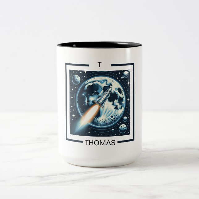 Rocket Moon Space Monogram Two-Tone Coffee Mug (Center)