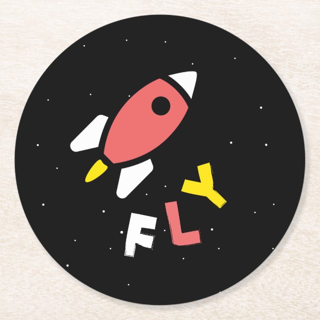 Rocket - Red & Yellow Abstract Pop Art. FLY! Round Paper Coaster (Front)
