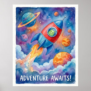 Rocket Ship & Alien Adventure Awaits Space Poster