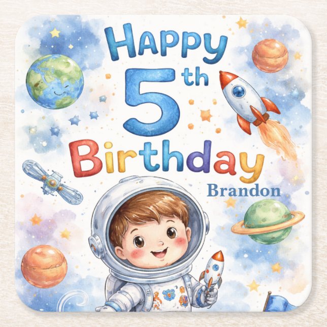 Rocket ship birthday Space Planets Boy Stars Square Paper Coaster (Front)