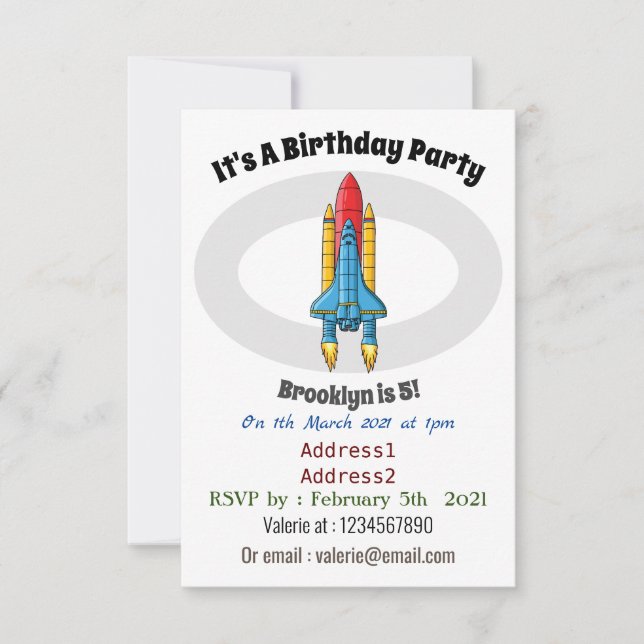 Rocket ship cartoon illustration invitation (Front)