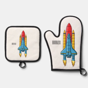 Rocket ship cartoon illustration oven mitt & pot holder set