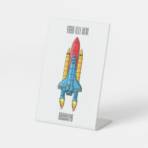 Rocket ship cartoon illustration pedestal sign