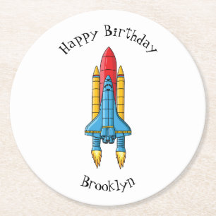 Rocket ship cartoon illustration round paper coaster