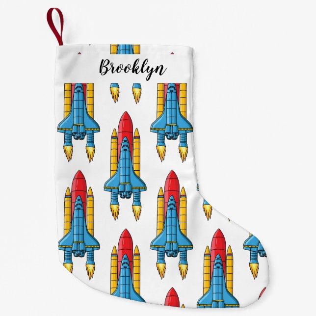 Rocket ship cartoon illustration small christmas stocking (Front)