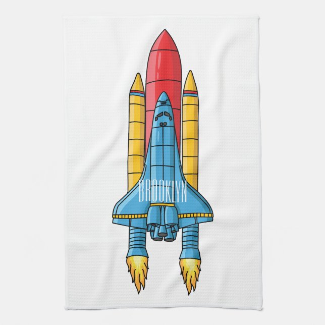 Rocket ship cartoon illustration tea towel (Vertical)