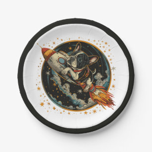 Rocket Ship French Bulldog Astronaut Paper Plate