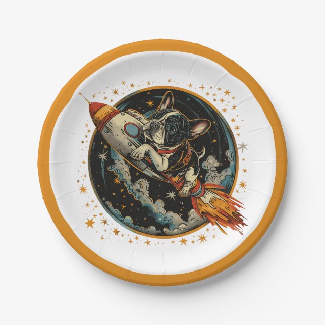 Rocket Ship French Bulldog Astronaut Paper Plate (Front)