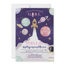 Rocket Ship Galaxy Birthday Invitation For Girls