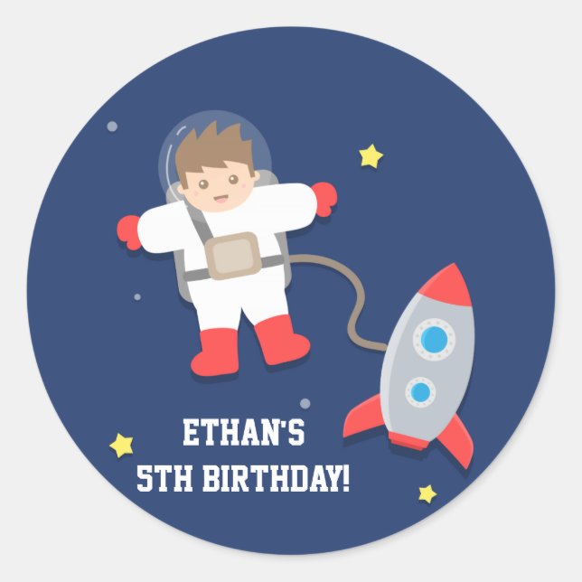 Rocket Ship Outer Space Astronaut Birthday Party Classic Round Sticker (Front)
