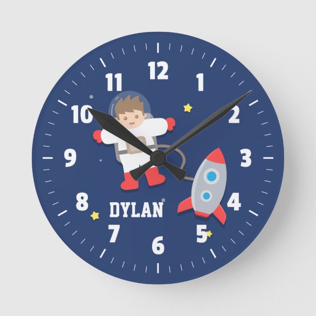 Rocket Ship Outer Space Little Astronaut Boys Room Round Clock (Front)