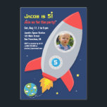 Rocket Ship Space Party Kids Birthday Photo Invitation<br><div class="desc">Invite children guests for a space adventure with this space party invitation! This colourful space themed birthday invitation comes with a cute rocket ship flying off from Earth to explore the galaxy of planets, stars and the unknown over a dark blue sky background. Personalise easily with party details and add...</div>