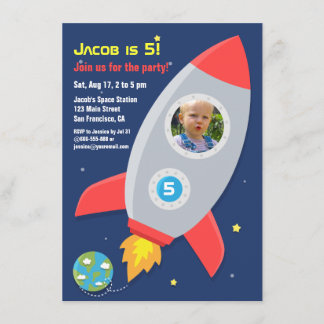 Rocket Ship Space Party Kids Birthday Photo Invitation