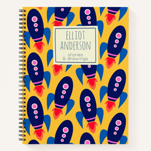 Rocket Ship Space Pattern Personalised Name Story Notebook (Front)