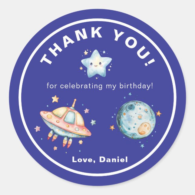 Rocket Ship Thank You Outer Space Birthday Classic Round Sticker (Front)