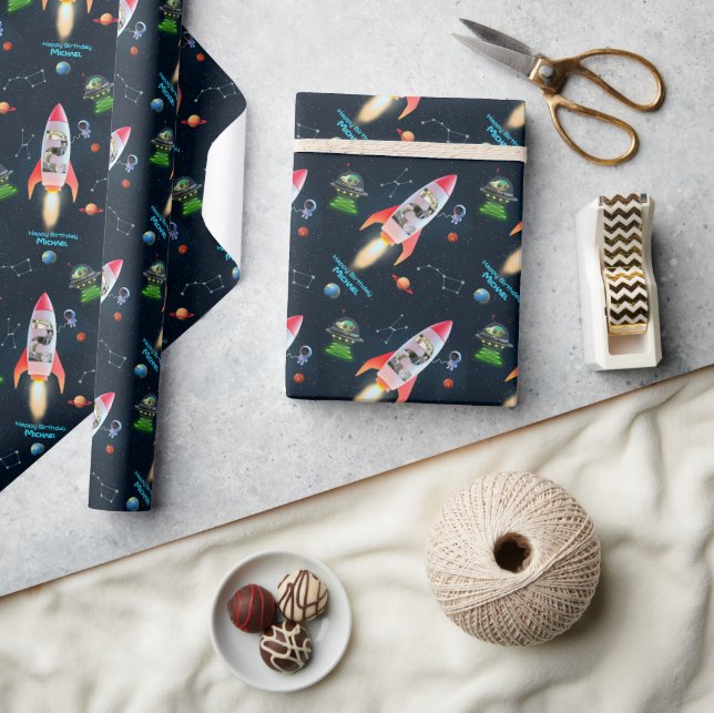 Rocket Space 2nd Birthday | Huge Two Photo Collage Wrapping Paper (Crafts)