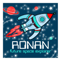Rocket space boys blue red personalised poster