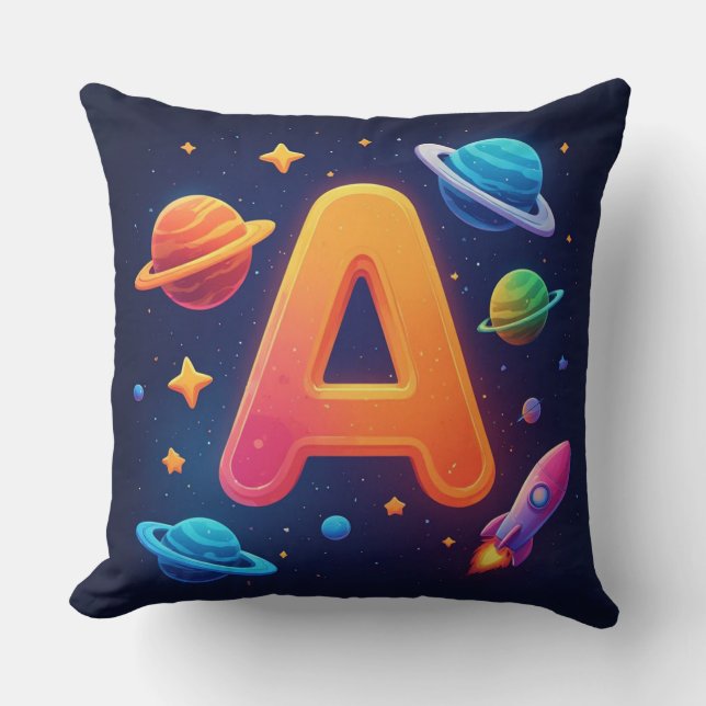 🌌 Rocket Space Letter A Stars Planets Kids 🌌 Cushion (Front)