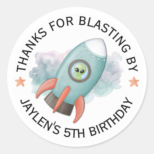Rocket Spaceship Green Alien Birthday Stickers (Front)