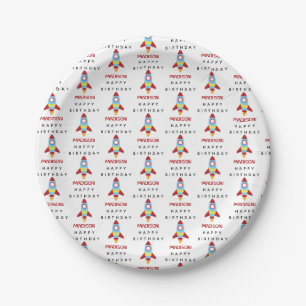 Rocket Spaceship Launching Custom Name Birthday Paper Plate