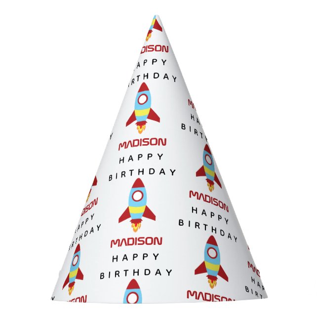 Rocket Spaceship Launching Custom Name Birthday Party Hat (Front)
