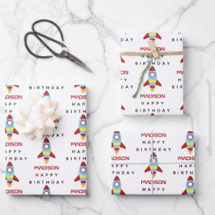 Rocket Spaceship Launching Custom Name Birthday Wrapping Paper Sheet