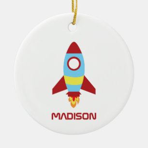 Rocket Spaceship Launching Custom Name Ceramic Tree Decoration