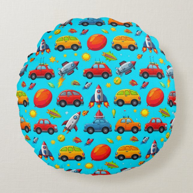 🚗 Rocket Star Round Pillow Kids Space Car Decor (Front)