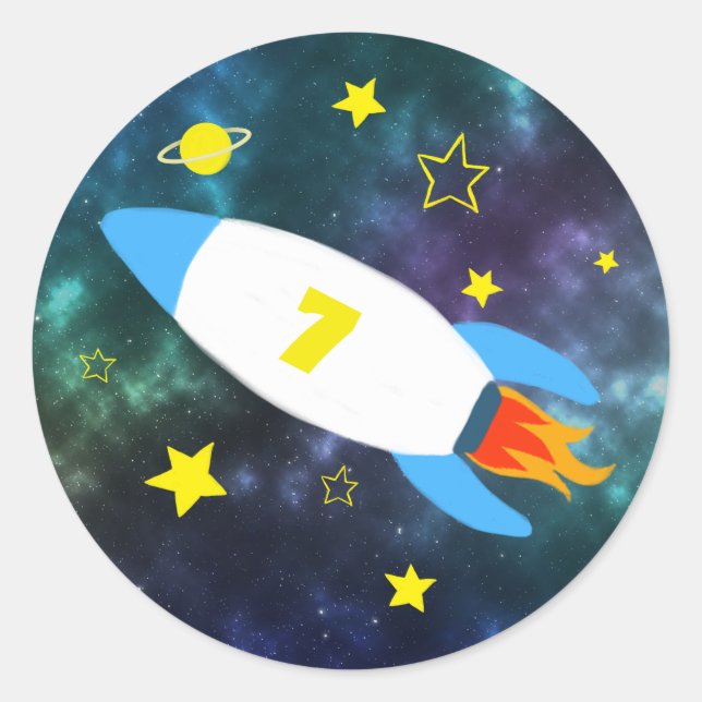 Rocket Star Space birthday Classic Round Sticker (Front)