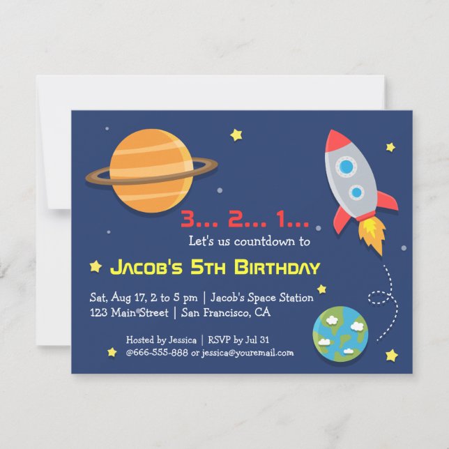 Rocket To Outer Space Party, Kids Birthday Invitation (Front)