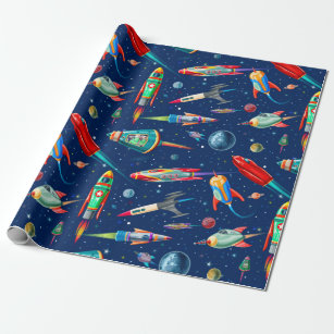 rocket traffic in space wrapping paper