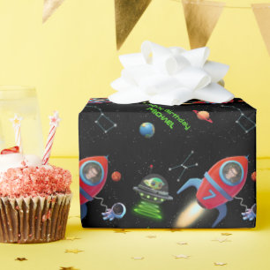 Rocket with Photo   Birthday UFO Alien Astronaut Wrapping Paper